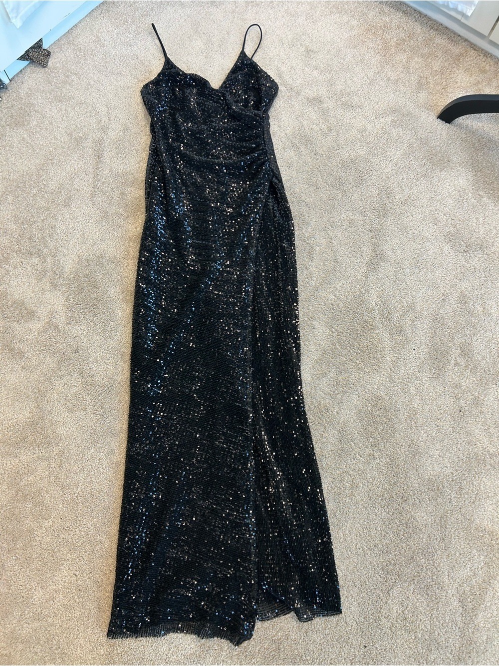 Black Sequin embellished Spaghetti Strap V-neck Formal Evening Gown high slit 8 - Picture 7 of 15
